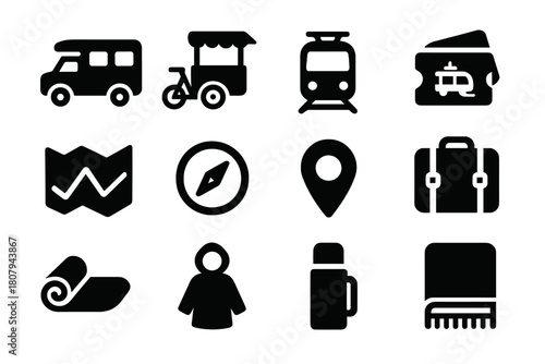 Traveling Buskers Icons. Traveling Buskers. Solid icon set of Traveling Buskers: camper van, bicycle cart, subway train, tram ticket, map, compass, street pin,