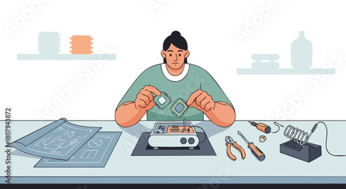 Female Electrical Engineer Assembling or Repairing Electronic Circuit Board and Microchips with Tools and Blueprints