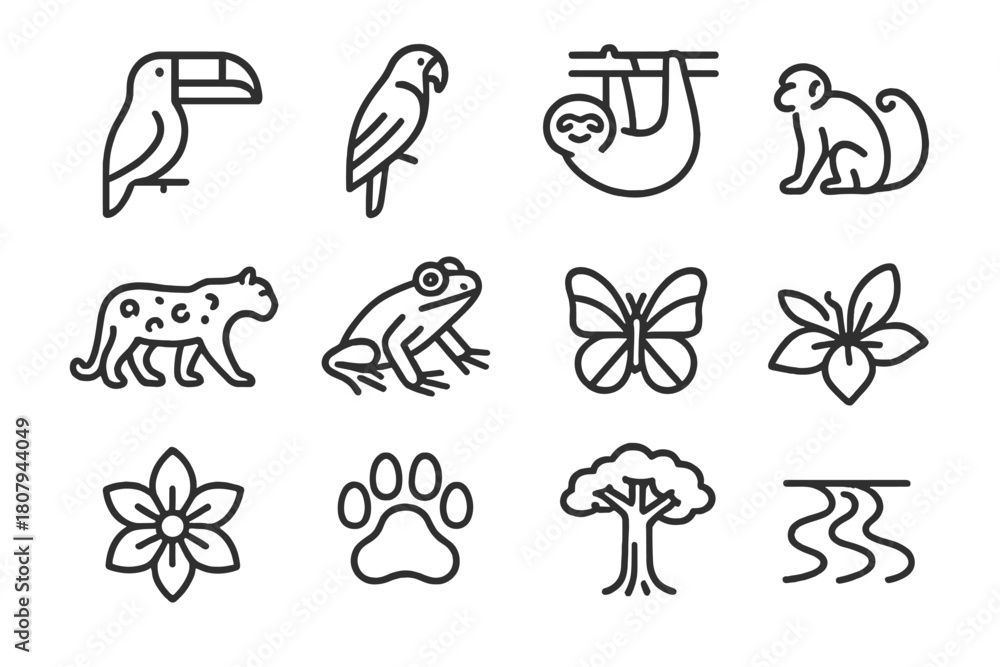 Fototapeta premium Tropical Wildlife Icons. Tropical wildlife. Line icon set of Tropical wildlife: toucan, macaw, sloth, jaguar, tree frog, monkey, snake, butterfly, exotic