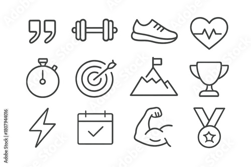 Fitness Icon Set. Fitness tracking. Solid icon set of Fitness tracking: smartwatch, running shoe, heart rate, step counter, dumbbell, stopwatch, water bottle,
