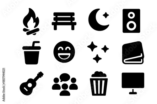 Evening Hangout Icons. Evening hangout. Solid icon set of Evening hangout: campfire, park bench, night sky, music speaker, soda cup, laughing face, stars,