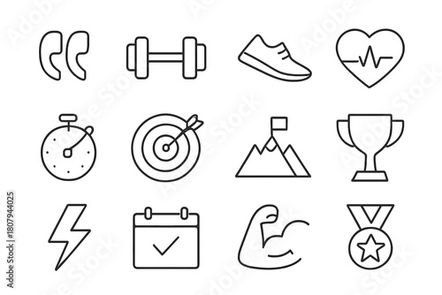 Fitness Icon Set. Fitness tracking. Solid icon set of Fitness tracking: smartwatch, running shoe, heart rate, step counter, dumbbell, stopwatch, water bottle,