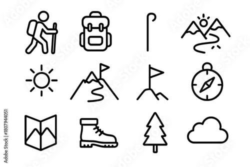 Mountain Hiking Icons. Mountain Hiking. Line icon set of Mountain Hiking: hiker, backpack, walking stick, mountain peak, path, sun, flag, compass, map, boots,
