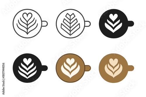 Latte Art Icons. Preparing a warm drink. Icon set. Set Logo of Latte Art: Foam design. Stylized detail, Abstract geometric, Minimal outline, Filled silhouette,