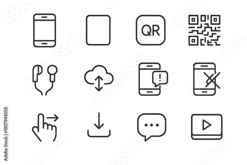 Mobile Learning Icons. Mobile learning. Line icon set of Mobile learning: smartphone, tablet, app icon, user profile, chat bubble, headphones, progress chart,