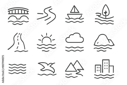 Rivers and Bridges Icons. Rivers and bridges. Line icon set of rivers and bridges: bridge, river, boat, tree, road, sun, cloud, rock, waves, bird, mountain,