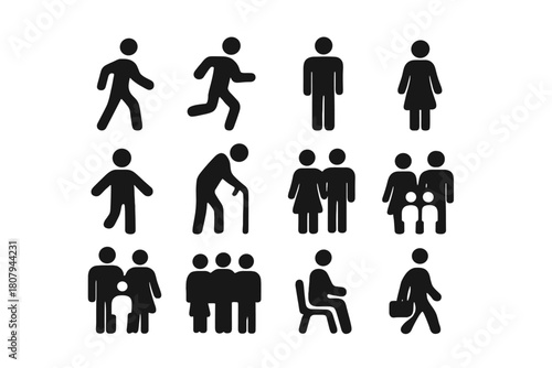 Urban People Icons. Urban People. Solid icon set of Urban People: person walking, person running, man, woman, child, elderly person, couple, family, group of
