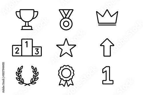Leaderboard Line Icons. Leaderboards. Line icon set of Leaderboards: trophy, medal, crown, ranking podium, star, arrow up, flag, chart bar, ribbon, laurel
