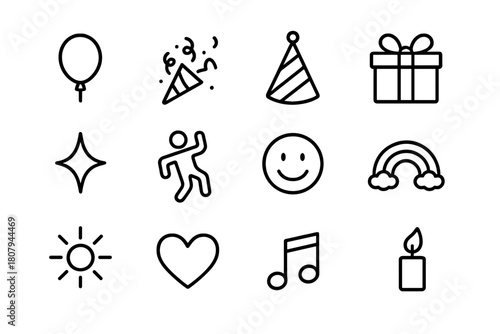 Celebration Icons. Group joy. Line icon set of group joy: people group, smile, heart, music note, dancing couple, clinking glasses, fireworks, confetti, cake,