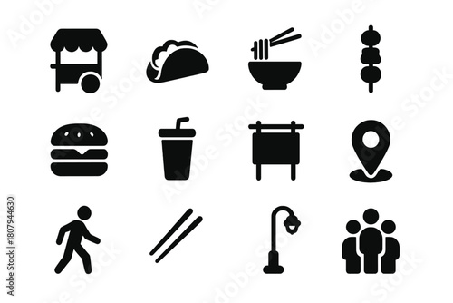 Street Food Icons. Street food tour. Solid icon set of Street food tour: food cart, taco, noodles, skewer, burger, soda cup, market sign, map pin, pedestrian,