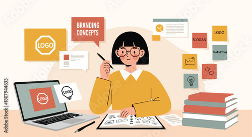 Female Graphic Designer Brainstorming and Sketching Branding Concepts, Logos, and Slogans at Her Desk