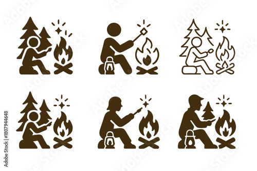 Campfire Storytime Icons. A person sitting by a campfire in the woods, roasting marshmallows and telling stories. Icon set. Set Logo of A person sitting by a