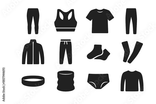 Seamless Activewear Icons. Seamless Activewear. Solid icon set of Seamless Activewear: compression leggings, racerback bra, performance tee, training shorts,