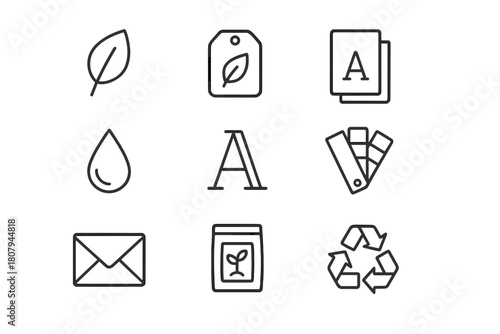 Eco Line Art Icons. Green branding design. Line icon set of green branding design: leaf logo, eco tag, kraft paper, ink droplet, typography, color palette,