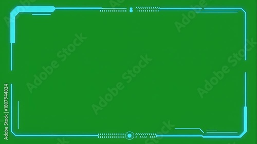 Futuristic Digital HUD Frame with Glowing Cyan Elements on Green Screen for Advanced Tech Video Overlays and Presentations