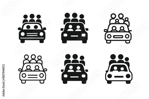 Family Trip Icons. Family car trip. Icon set. Set Logo of family car trip: tent and campfire. harmonious logo variations of the same emblematic concept, each