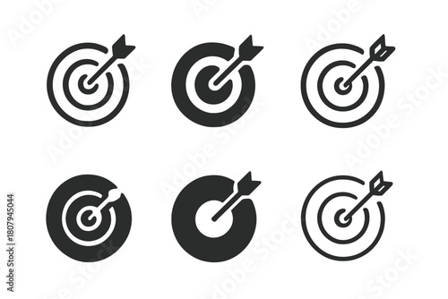Target Icons Grid. Self-motivation. Icon set. Set Logo of Target: Bullseye focus. Abstract geometric, Filled silhouette, Flat solid, Minimal outline, Iconic