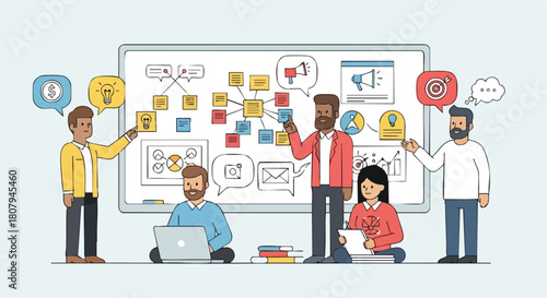 Business Team Collaboration Brainstorming Project Ideas and Strategy Flowchart on Whiteboard During Meeting