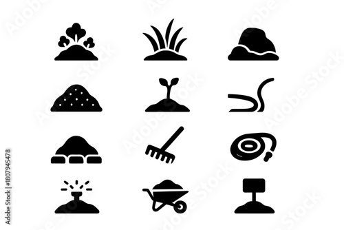 Landscaping Icon Set. Landscaping Mounds. Solid icon set of Landscaping Mounds: garden berm, ornamental grass, boulder, mulch, sapling, drip line, edging,