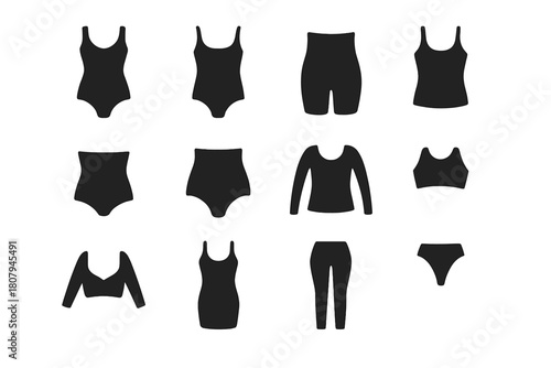 Shapewear Icon Grid. Seamless Shapewear. Solid icon set of Seamless Shapewear: shaping bodysuit, high waist shaper, mid thigh shaper, shaping cami, waist