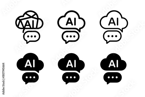 AI Chatbot Logos. AI chatbot interaction. Icon set. Set Logo of AI chatbot interaction: Cloud-based AI system. harmonious logo variations of the same