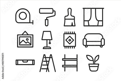 Room Makeover Icons. Room Makeover. Line icon set of Room Makeover: tape measure, paint roller, brush, curtain, wall art, lamp, rug, sofa, level, ladder,