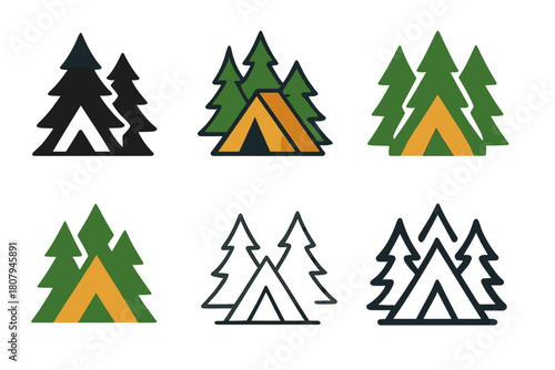 Nature Trail Logo Variations. Hiking and exploring nature trails. Icon set. Set Logo of hiking and exploring nature trails: tent among pine trees. harmonious