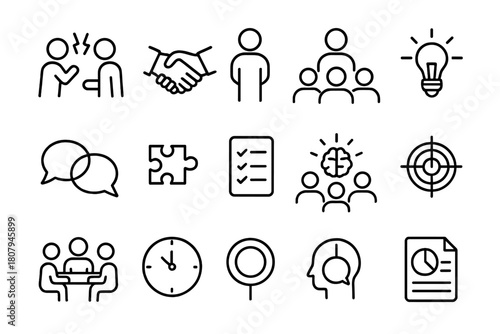 Team Problem-Solving Icons. Team problem-solving. Line icon set of Team problem-solving: two people arguing, handshake, mediator, lightbulb, speech bubbles,