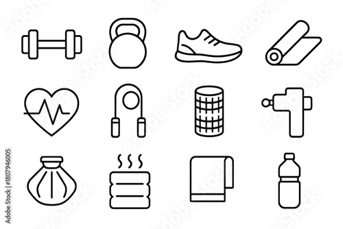 Fitness Recovery Icons. Fitness and recovery. Line icon set of fitness and recovery: dumbbell, kettlebell, running shoe, yoga mat, heart rate, jump rope, foam