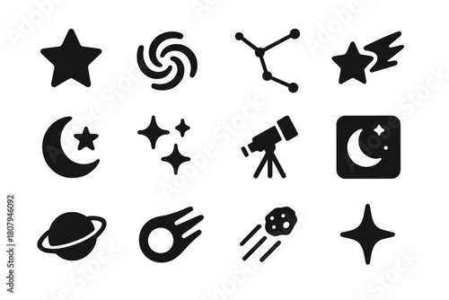 Stellar Icon Collection. Stellar Objects. Solid icon set of Stellar Objects: star, galaxy, constellation, shooting star, crescent moon with star, sparkles,