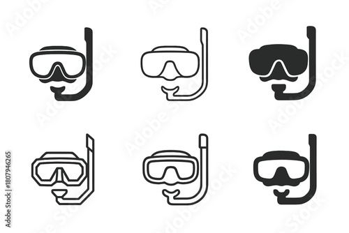 Snorkeling Mask Icons. Snorkeling mask. Icon set. Set Logo of Snorkeling mask: Mask lens close-up. harmonious logo variations of the same emblematic concept,