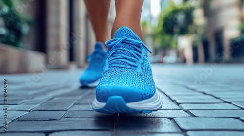 A person is walking down a sidewalk wearing a blue Nike shoe. The shoe is a blue and white Nike shoe with a white stripe