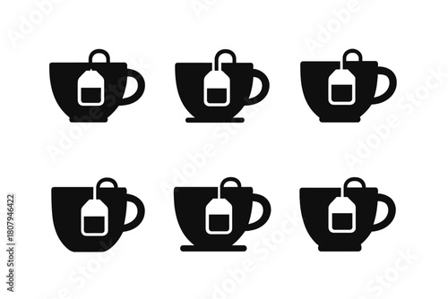 Tea Infusion Icons. Preparing a warm drink. Icon set. Set Logo of Tea Bag: Infusing in cup. Negative space, Symmetrical form, Flat solid, Minimal outline,