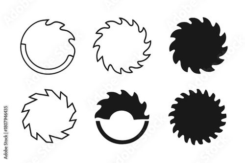 Saw Blade Logos. Power saw blade. Icon set. Set Logo of Power Saw Blade: cross-section of saw blade teeth detail. harmonious logo variations of the same
