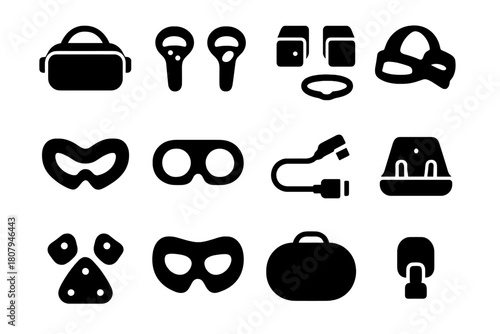 VR Accessories Icons. VR Accessories. Solid icon set of VR Accessories: VR headset, controllers, base stations, head strap, face gasket, lens protector, link