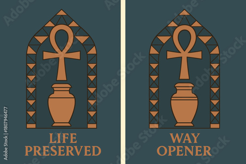 Ankh and Jar Banners. Ankh & Jar. Two vertical A6 banners with safe margins, centered composition, no elements touching edges, geometric, slate blue and