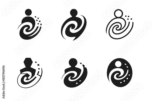 Figures in Vortex. Figures vanishing into a void. Icon set. Set Logo of figures vanishing into a void: abstract people dissolving into a vortex. harmonious