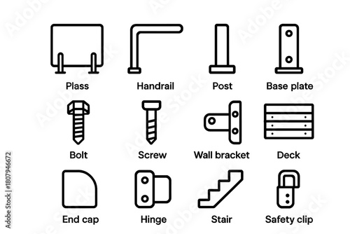 Glass Balcony Icons. Glass balcony design. Line icon set of glass balcony design: glass panel, handrail, post, base plate, bolt, screw, wall bracket, deck, end