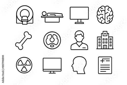 CT Scan Icons. CT scan. Line icon set of CT scan: CT scanner, patient on bed, monitor, brain image, bone, cross-section, technician, hospital building,
