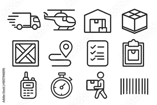 Rapid Response Icons. Rapid response logistics. Line icon set of rapid response logistics: truck, helicopter, warehouse, pallet box, crate, map