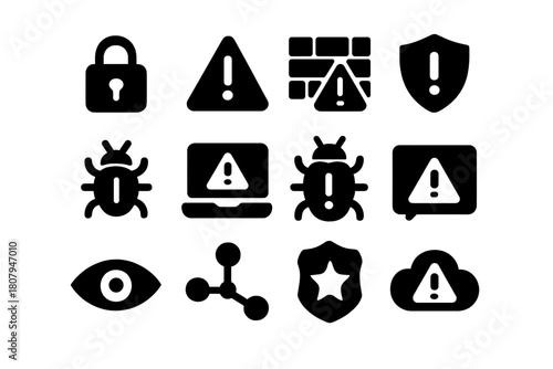 Cybersecurity Alert Icons. Cybersecurity alert. Solid icon set of Cybersecurity alert: lock, exclamation mark, firewall, shield, malware icon, laptop warning,
