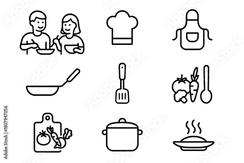 Cooking Friends Icons. Friends cooking meal. Line icon set of Friends cooking meal: two people, chef hat, apron, frying pan, mixing bowl, spatula, knife,