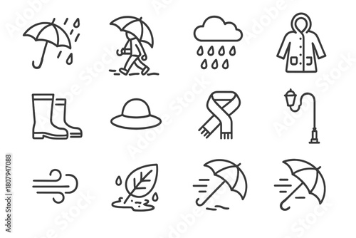 Rainy Day Icons. Umbrella in the rain. Line icon set of Umbrella in the rain: umbrella, raindrops, person walking, puddle, raincoat, boots, cloud, hat, scarf,