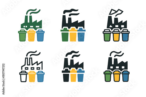 Pollution Reduction Icons. Reducing industrial pollution through waste management. Icon set. Set Logo of reducing industrial pollution through waste