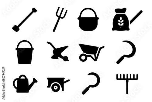 Farming Tools Icons. Farming Tools. Solid icon set of Farming Tools: hoe, pitchfork, basket, sack of grain, bucket, plow, wheelbarrow, scythe, watering can,
