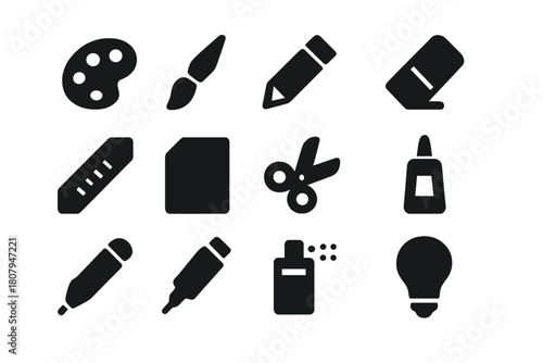 Art Tools Icons. Art and design. Solid icon set of art and design: paint palette, brush, pencil, eraser, ruler, paper, scissors, glue, pen, marker, spray can,