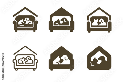 Pet-Friendly Home Logos. Pet-friendly home ideas. Icon set. Set Logo of pet-friendly home ideas: house silhouette with paw print inside. harmonious logo