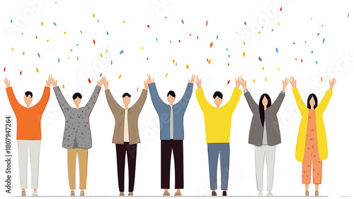 カラフルな仲間たちが一列に並び、紙吹雪が舞う中で両手を挙げてバンザイで喜びを分かち合うシーン。