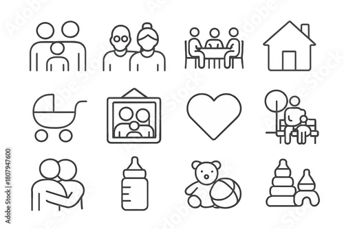 Family Moments Icons. Family moments. Line icon set of family moments: parents, child, grandparents, family dinner, home, stroller, family photo, heart, park