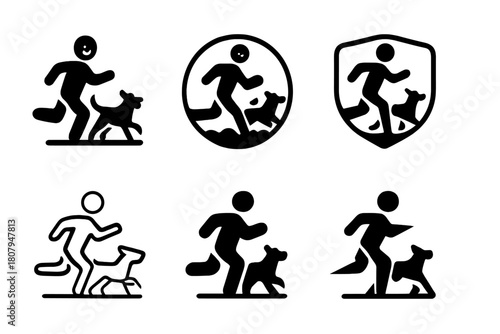 Joyful Pets Logos. joyful pets playing with their owners. Icon set. Set Logo of joyful pets playing with their owners: person running with dog in park.